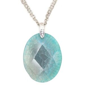Cato C 1946 Blue Dragon Vein Agate Faceted Oval Pendant Necklace Silver Tone